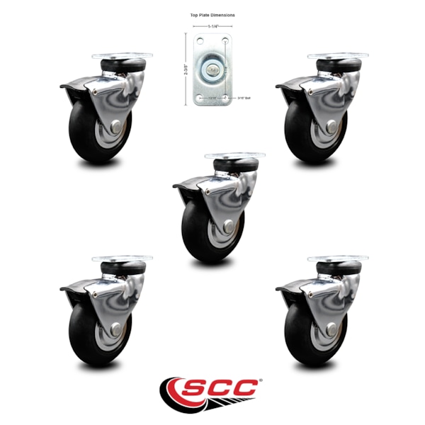 Service Caster 3 Inch Bright Chrome Hooded Neoprene Rubber Top Plate Casters with Brake, 5PK SCC-03S310-NPRB-BC-B-5 - main
